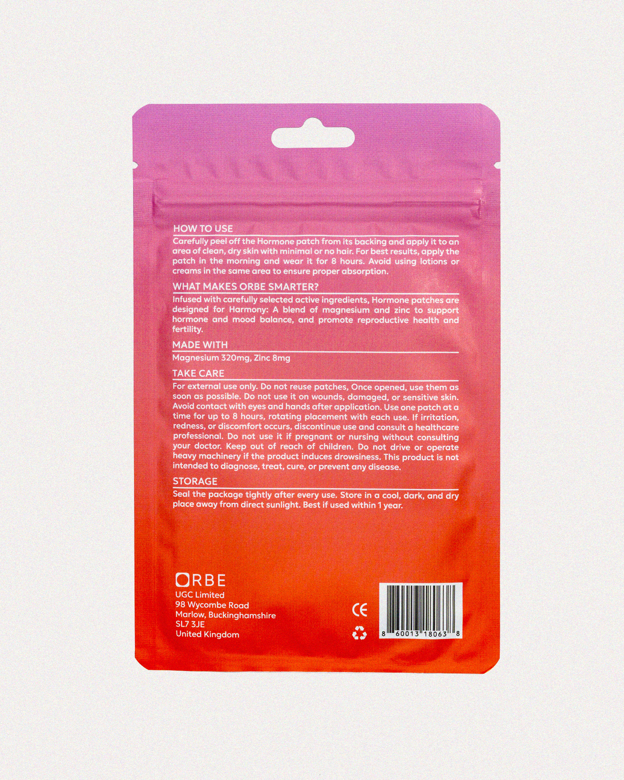 Mineral content and ingredients list for Magnesium Zinc patches